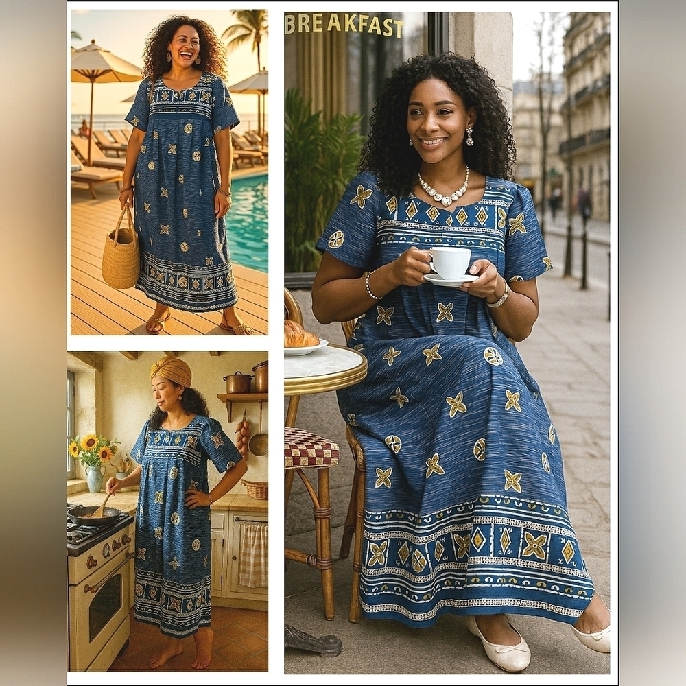 Boho Chic 2XL Casual Pullover Maxi Dress Cotton Vacation Resort Comfortable New